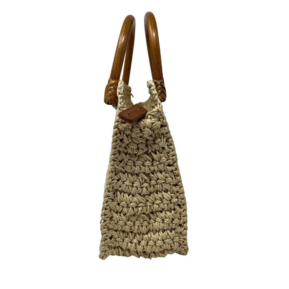 Fossil Straw Woven Top Handle Bag Floral Embroidered Wood Handle Handbag - Picture 8 of 14